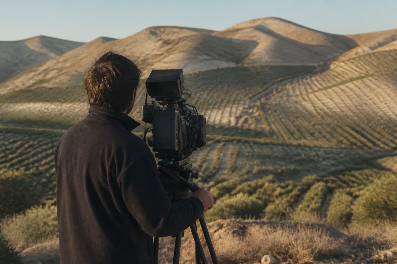 Cámara de cine sobre trípode frente a un paisaje de olivos